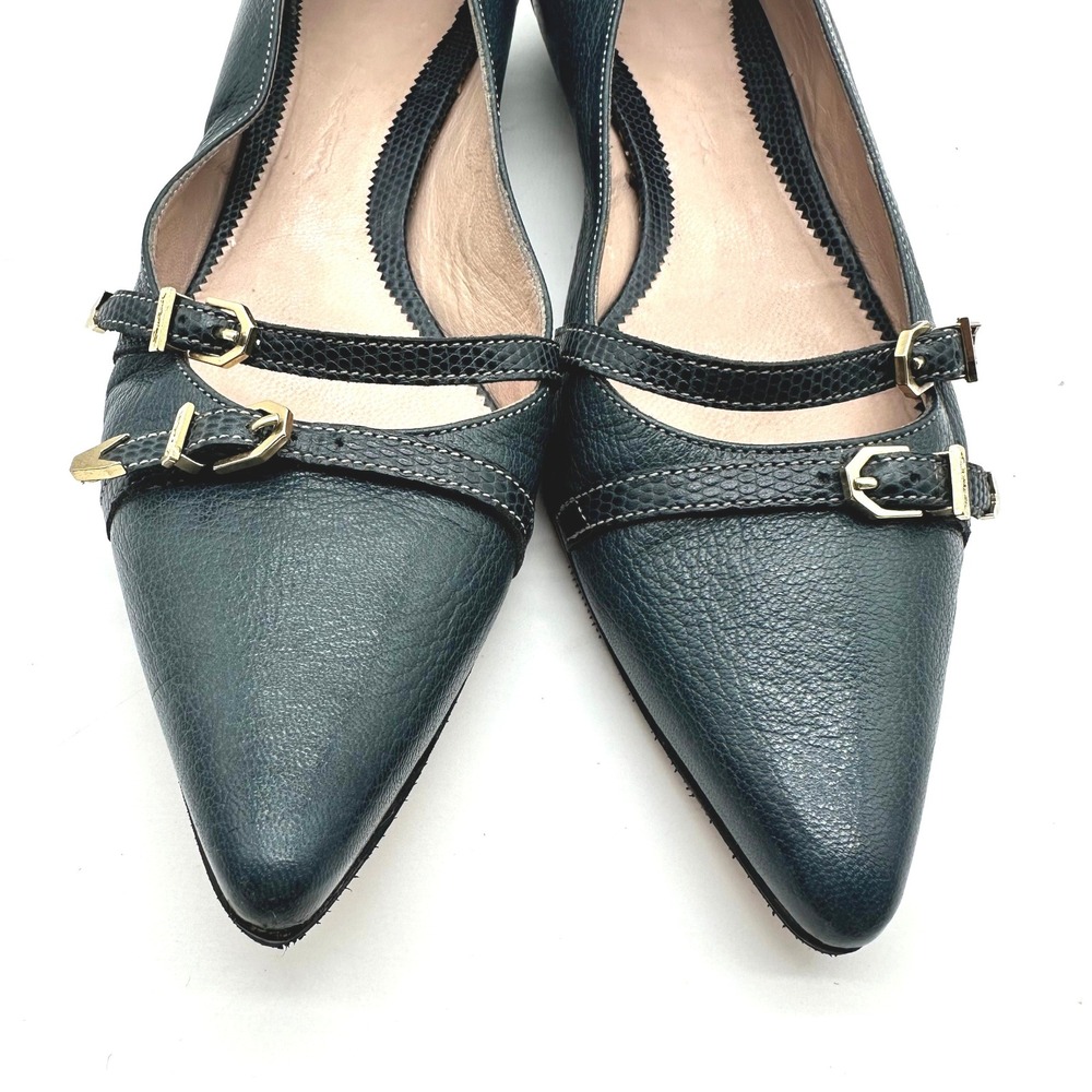 Vintage Santoni Italy Double Buckle Pointed Flats Teal Blue Pebble Leather 7.5 - Picture 4 of 10